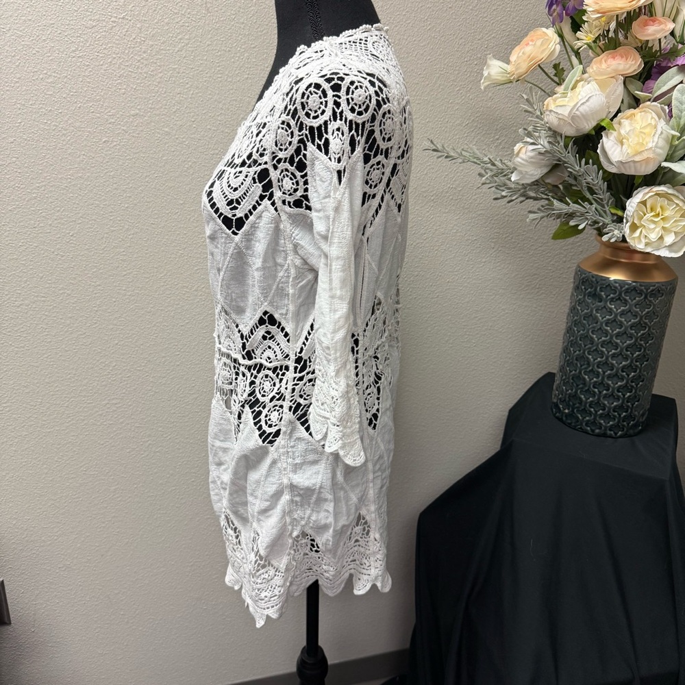 White Boho Crochet Lace Tunic Top | Sheer Festival Beach Cover Up M - Picture 2 of 6
